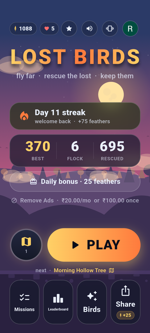 The Lost Birds home screen: a day-eleven streak, best score, flock and rescued totals, and the play button